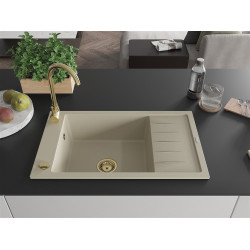 Mexen Elias  konyhai mosogató gránit 1 medence+csepegtetö+ pop up szifon  795 x 480 mm, beige, szifon  arany  - 6511791005-69-G 1 medencés