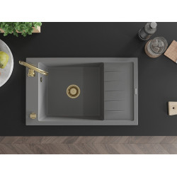 Mexen Elias  konyhai mosogató gránit 1 medence+csepegtetö+ pop up szifon  795 x 480 mm, szürke , szifon  arany  - 6511791005-71-G 1 medencés