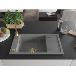 Mexen Elias  konyhai mosogató gránit 1 medence+csepegtetö+ pop up szifon  795 x 480 mm, szürke , szifon  arany  - 6511791005-71-G 1 medencés