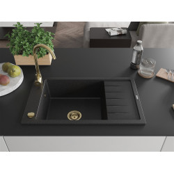 Mexen Elias  konyhai mosogató gránit 1 medence+csepegtetö+ pop up szifon  795 x 480 mm, fekete / króm, szifon  arany  - 6511791005-73-G 1 medencés