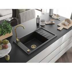 Mexen Elias  konyhai mosogató gránit 1 medence+csepegtetö+ pop up szifon  795 x 480 mm, fekete / króm, szifon  arany  - 6511791005-73-G 1 medencés