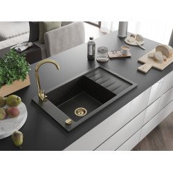 Mexen Elias  konyhai mosogató gránit 1 medence+csepegtetö+ pop up szifon  795 x 480 mm, fekete / arany, szifon  arany  - 6511791005-75-G 1 medencés