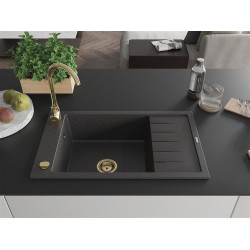 Mexen Elias  konyhai mosogató gránit 1 medence+csepegtetö+ pop up szifon  795 x 480 mm, fekete köhatasu, szifon  arany  - 6511791005-76-G 1 medencés