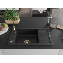 Mexen Elias  konyhai mosogató gránit 1 medence+csepegtetö+ pop up szifon  795 x 480 mm, fekete , szifon  arany  - 6511791005-77-G 1 medencés