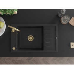 Mexen Elias  konyhai mosogató gránit 1 medence+csepegtetö+ pop up szifon  795 x 480 mm, fekete , szifon  arany  - 6511791005-77-G 1 medencés