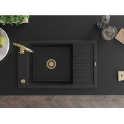 Mexen Elias  konyhai mosogató gránit 1 medence+csepegtetö+ pop up szifon  795 x 480 mm, fekete , szifon  arany  - 6511791005-77-G 1 medencés