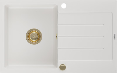 Mexen Bruno  konyhai mosogató gránit 1 medence+csepegtetö+ pop up szifon  795 x 495 mm, fehér , szifon  arany  - 6513791010-20-G 1 medencés