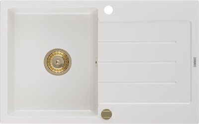 Mexen Bruno  konyhai mosogató gránit 1 medence+csepegtetö+ pop up szifon  795 x 495 mm, fehér , szifon  arany  - 6513791010-20-G 1 medencés