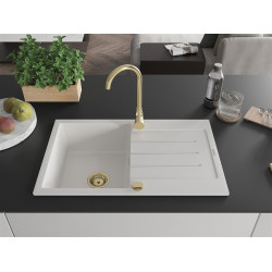 Mexen Bruno  konyhai mosogató gránit 1 medence+csepegtetö+ pop up szifon  795 x 495 mm, fehér , szifon  arany  - 6513791010-20-G 1 medencés