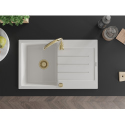 Mexen Bruno  konyhai mosogató gránit 1 medence+csepegtetö+ pop up szifon  795 x 495 mm, fehér , szifon  arany  - 6513791010-20-G 1 medencés