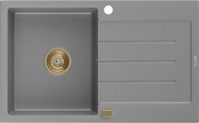 Mexen Bruno  konyhai mosogató gránit 1 medence+csepegtetö+ pop up szifon  795 x 495 mm, szürke , szifon  arany  - 6513791010-71-G 1 medencés