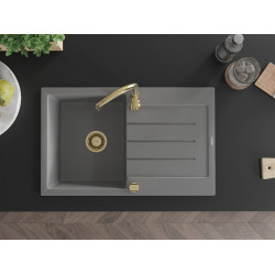 Mexen Bruno  konyhai mosogató gránit 1 medence+csepegtetö+ pop up szifon  795 x 495 mm, szürke , szifon  arany  - 6513791010-71-G 1 medencés