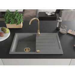 Mexen Bruno  konyhai mosogató gránit 1 medence+csepegtetö+ pop up szifon  795 x 495 mm, szürke , szifon  arany  - 6513791010-71-G 1 medencés