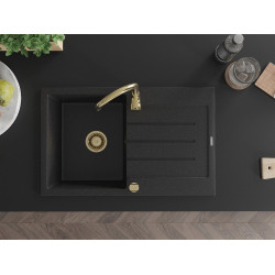 Mexen Bruno  konyhai mosogató gránit 1 medence+csepegtetö+ pop up szifon  795 x 495 mm, fekete / króm, szifon  arany  - 6513791010-73-G 1 medencés