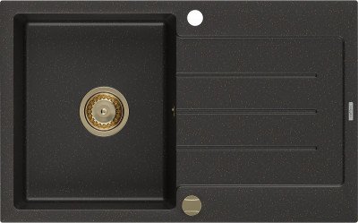 Mexen Bruno  konyhai mosogató gránit 1 medence+csepegtetö+ pop up szifon  795 x 495 mm, fekete / arany, szifon  arany  - 6513791010-75-G 1 medencés