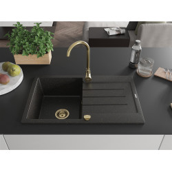 Mexen Bruno  konyhai mosogató gránit 1 medence+csepegtetö+ pop up szifon  795 x 495 mm, fekete / arany, szifon  arany  - 6513791010-75-G 1 medencés