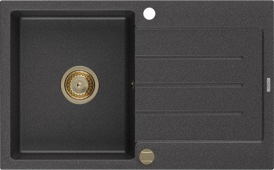 Mexen Bruno  konyhai mosogató gránit 1 medence+csepegtetö+ pop up szifon  795 x 495 mm, fekete köhatasu, szifon  arany  - 6513791010-76-G 1 medencés