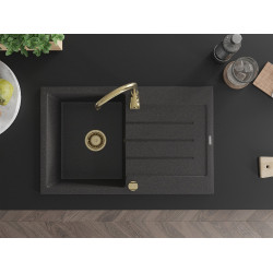 Mexen Bruno  konyhai mosogató gránit 1 medence+csepegtetö+ pop up szifon  795 x 495 mm, fekete köhatasu, szifon  arany  - 6513791010-76-G 1 medencés
