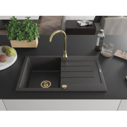 Mexen Bruno  konyhai mosogató gránit 1 medence+csepegtetö+ pop up szifon  795 x 495 mm, fekete köhatasu, szifon  arany  - 6513791010-76-G 1 medencés