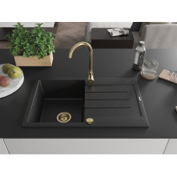 Mexen Bruno  konyhai mosogató gránit 1 medence+csepegtetö+ pop up szifon  795 x 495 mm, fekete , szifon  arany  - 6513791010-77-G 1 medencés
