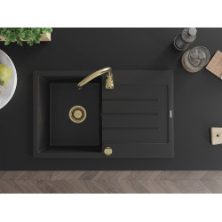 Mexen Bruno  konyhai mosogató gránit 1 medence+csepegtetö+ pop up szifon  795 x 495 mm, fekete , szifon  arany  - 6513791010-77-G 1 medencés