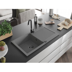 Mexen Leo  konyhai mosogató gránit 1 medence+csepegtetö+ pop up szifon  900 x 500 mm, szürke , szifon  fekete  - 6501901010-71-B 1 medencés 1 medencés 406959 Mexen