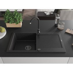 Mexen Leo  konyhai mosogató gránit 1 medence+csepegtetö+ pop up szifon  900 x 500 mm, fekete / króm, szifon  fekete  - 6501901010-73-B 1 medencés