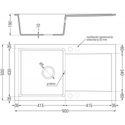 Mexen Leo  konyhai mosogató gránit 1 medence+csepegtetö+ pop up szifon  900 x 500 mm, fekete , szifon  fekete  - 6501901010-77-B 1 medencés