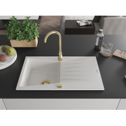 Mexen Cesar  konyhai mosogató gránit 1 medence+csepegtetö+ pop up szifon  775 x 470 mm, fehér , szifon  arany  - 6514771010-20-G 1 medencés