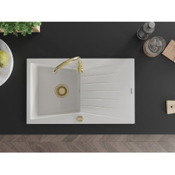 Mexen Cesar  konyhai mosogató gránit 1 medence+csepegtetö+ pop up szifon  775 x 470 mm, fehér , szifon  arany  - 6514771010-20-G 1 medencés