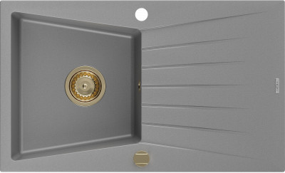 Mexen Cesar  konyhai mosogató gránit 1 medence+csepegtetö+ pop up szifon  775 x 470 mm, szürke , szifon  arany  - 6514771010-71-G 1 medencés