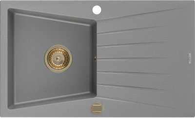 Mexen Cesar  konyhai mosogató gránit 1 medence+csepegtetö+ pop up szifon  775 x 470 mm, szürke , szifon  arany  - 6514771010-71-G 1 medencés