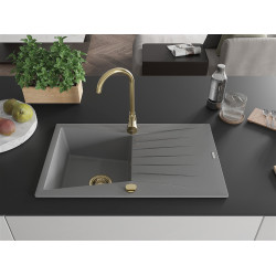 Mexen Cesar  konyhai mosogató gránit 1 medence+csepegtetö+ pop up szifon  775 x 470 mm, szürke , szifon  arany  - 6514771010-71-G 1 medencés