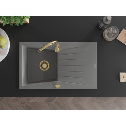 Mexen Cesar  konyhai mosogató gránit 1 medence+csepegtetö+ pop up szifon  775 x 470 mm, szürke , szifon  arany  - 6514771010-71-G 1 medencés