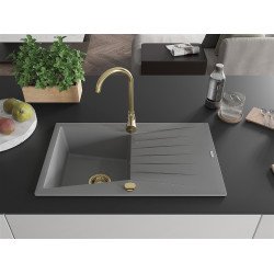 Mexen Cesar  konyhai mosogató gránit 1 medence+csepegtetö+ pop up szifon  775 x 470 mm, szürke , szifon  arany  - 6514771010-71-G 1 medencés
