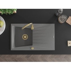Mexen Cesar  konyhai mosogató gránit 1 medence+csepegtetö+ pop up szifon  775 x 470 mm, szürke , szifon  arany  - 6514771010-71-G 1 medencés