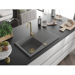 Mexen Cesar  konyhai mosogató gránit 1 medence+csepegtetö+ pop up szifon  775 x 470 mm, szürke , szifon  arany  - 6514771010-71-G 1 medencés 1 medencés 406959 Mexen