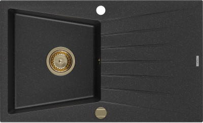 Mexen Cesar  konyhai mosogató gránit 1 medence+csepegtetö+ pop up szifon  775 x 470 mm, fekete / króm, szifon  arany  - 6514771010-73-G 1 medencés