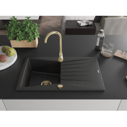 Mexen Cesar  konyhai mosogató gránit 1 medence+csepegtetö+ pop up szifon  775 x 470 mm, fekete / króm, szifon  arany  - 6514771010-73-G 1 medencés