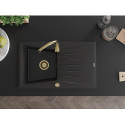 Mexen Cesar  konyhai mosogató gránit 1 medence+csepegtetö+ pop up szifon  775 x 470 mm, fekete / króm, szifon  arany  - 6514771010-73-G 1 medencés