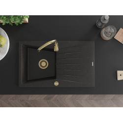 Mexen Cesar  konyhai mosogató gránit 1 medence+csepegtetö+ pop up szifon  775 x 470 mm, fekete / arany, szifon  arany  - 6514771010-75-G 1 medencés