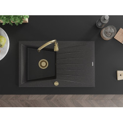 Mexen Cesar  konyhai mosogató gránit 1 medence+csepegtetö+ pop up szifon  775 x 470 mm, fekete köhatasu, szifon  arany  - 6514771010-76-G 1 medencés