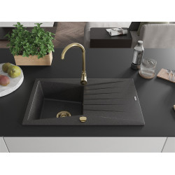 Mexen Cesar  konyhai mosogató gránit 1 medence+csepegtetö+ pop up szifon  775 x 470 mm, fekete köhatasu, szifon  arany  - 6514771010-76-G 1 medencés