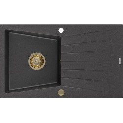 Mexen Cesar  konyhai mosogató gránit 1 medence+csepegtetö+ pop up szifon  775 x 470 mm, fekete köhatasu, szifon  arany  - 6514771010-76-G 1 medencés 1 medencés 406959 Mexen