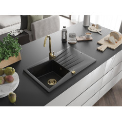 Mexen Cesar  konyhai mosogató gránit 1 medence+csepegtetö+ pop up szifon  775 x 470 mm, fekete , szifon  arany  - 6514771010-77-G 1 medencés 1 medencés 406959 Mexen
