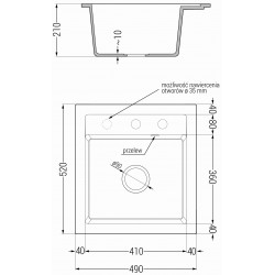 Mexen Vito  konyhai mosogató gránit 1 medence+ pop up szifon 520 x 490 mm, beige, szifon  fekete  - 6503521000-69-B 1 medencés
