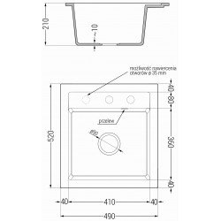 Mexen Vito  konyhai mosogató gránit 1 medence+ pop up szifon 520 x 490 mm, beige, szifon  fekete  - 6503521000-69-B 1 medencés