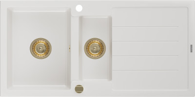 Mexen Andres  konyhai mosogató gránit 1,5 medence+csepegtetö+ pop up szifon  1000 x 500 mm, fehér , szifon  arany  - 6515101510-20-G 1,5 medencés