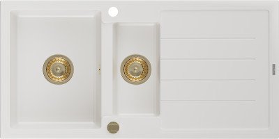 Mexen Andres  konyhai mosogató gránit 1,5 medence+csepegtetö+ pop up szifon  1000 x 500 mm, fehér , szifon  arany  - 6515101510-20-G 1,5 medencés