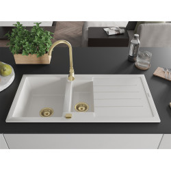 Mexen Andres  konyhai mosogató gránit 1,5 medence+csepegtetö+ pop up szifon  1000 x 500 mm, fehér , szifon  arany  - 6515101510-20-G 1,5 medencés